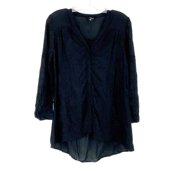 Lucky Brand Top Women S Black V-Neck Embroidered Button Up Whimsigoth Dark Fairy - Picture 1 of 11